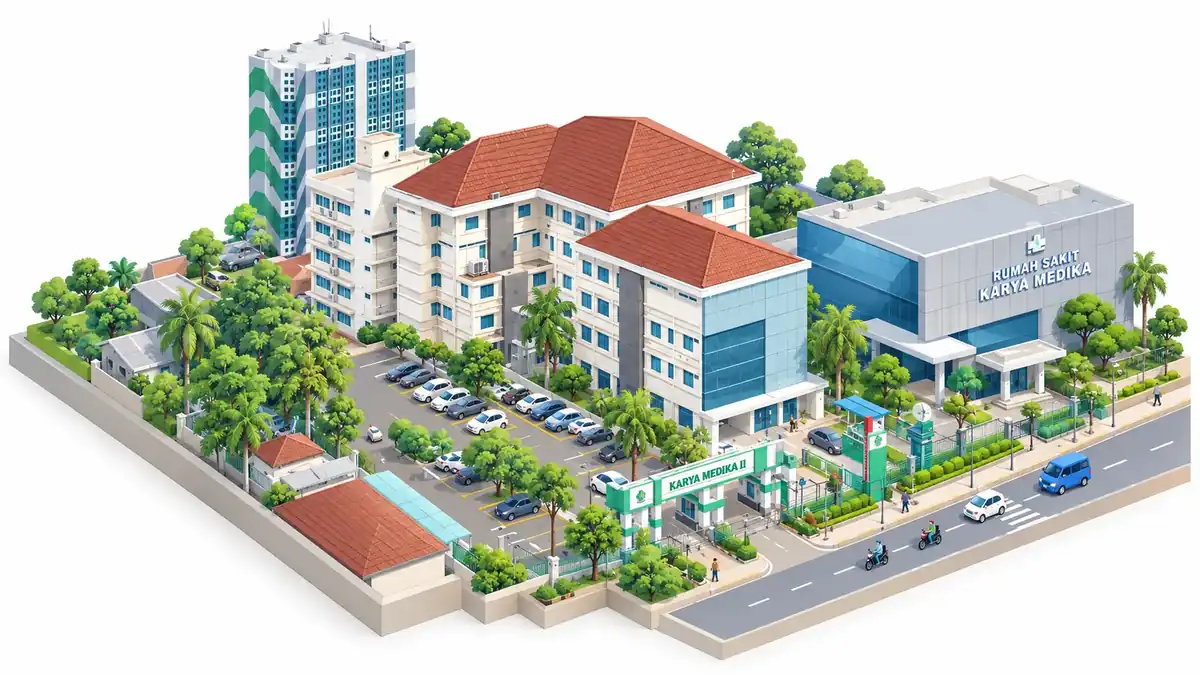 Ilustrasi isometrik kompleks Rumah Sakit Karya Medika